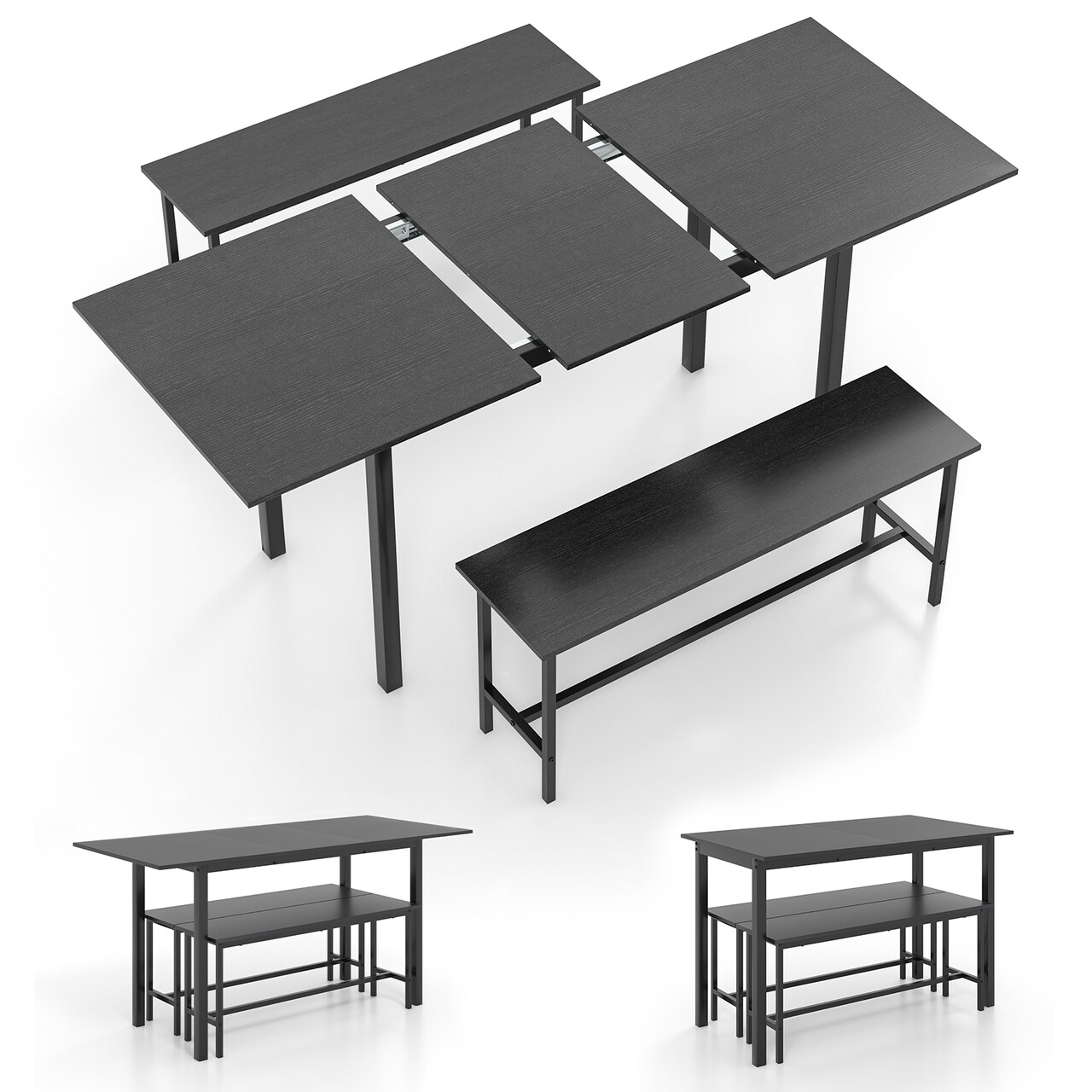 Modern Wooden 3 Piece Dining Table Set for 4-6 with 2 Benches – Sturdy, Space-Saving Design